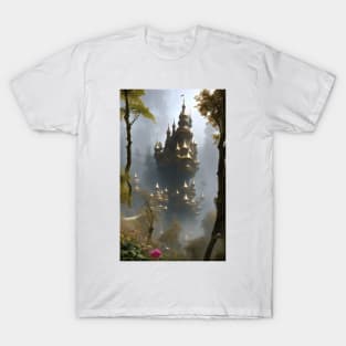 Parnassus Fantasy Forest Castle In The Foggy Woods T-Shirt